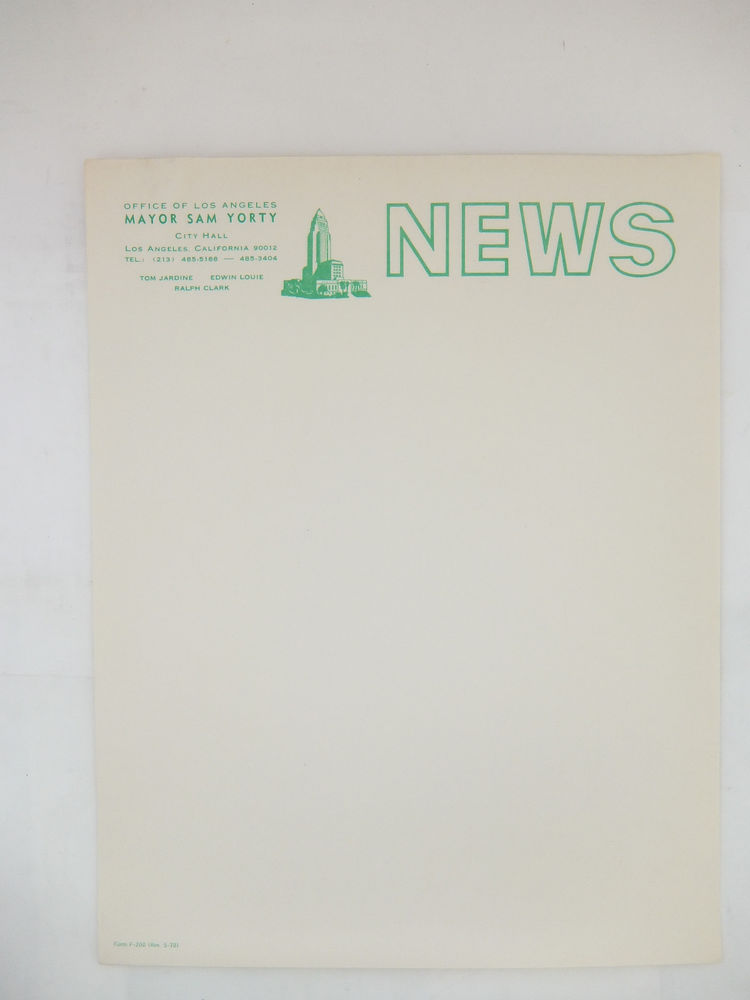 Los Angeles City Hall Sam Yorty News Release Stationery